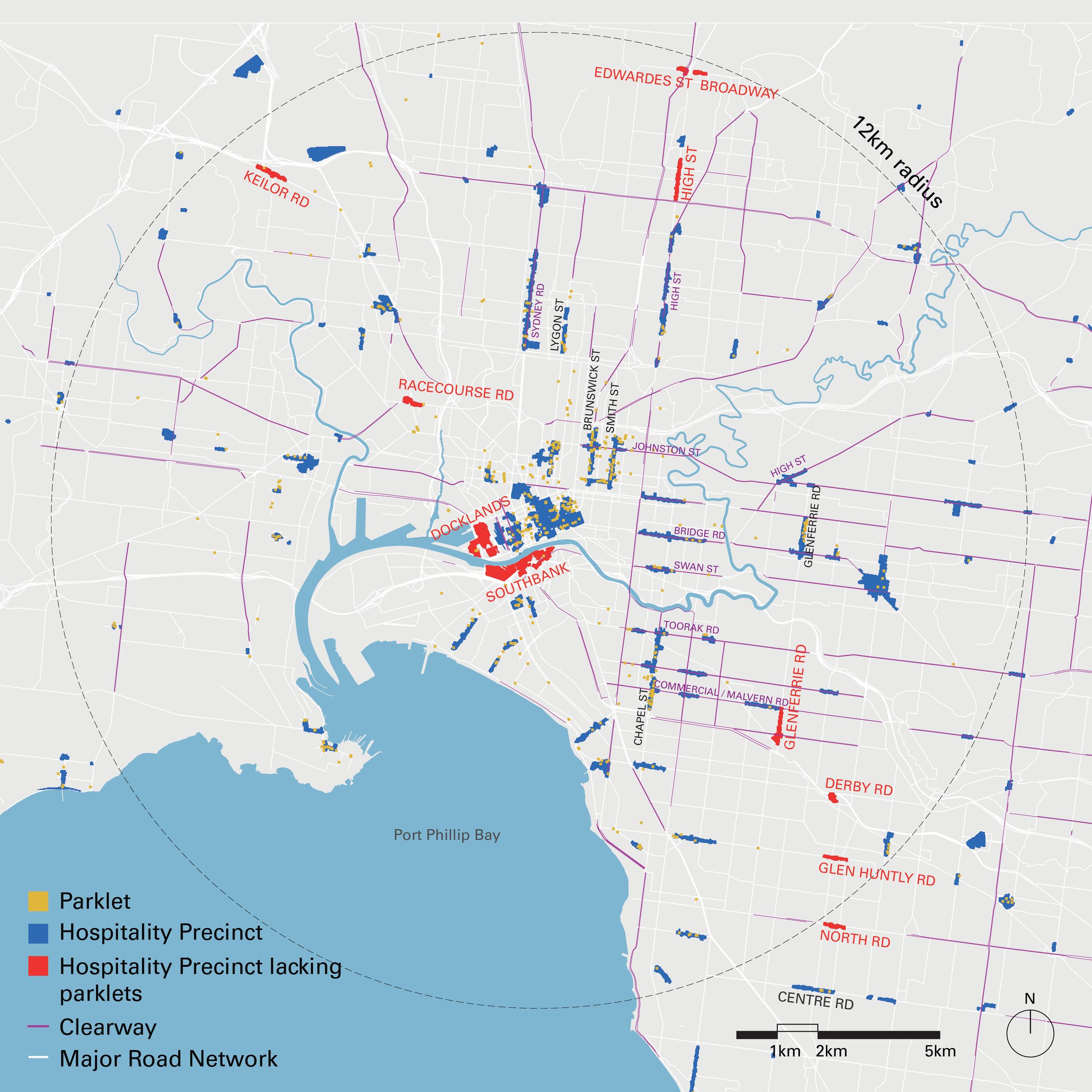 A grey map of inner Melbourne and Port Phillip Bay with a 12km radius label. Hospitality precincts are mapped in blue, parklets in yellow, and hospitality precincts lacking parklets in red and clearways in purple