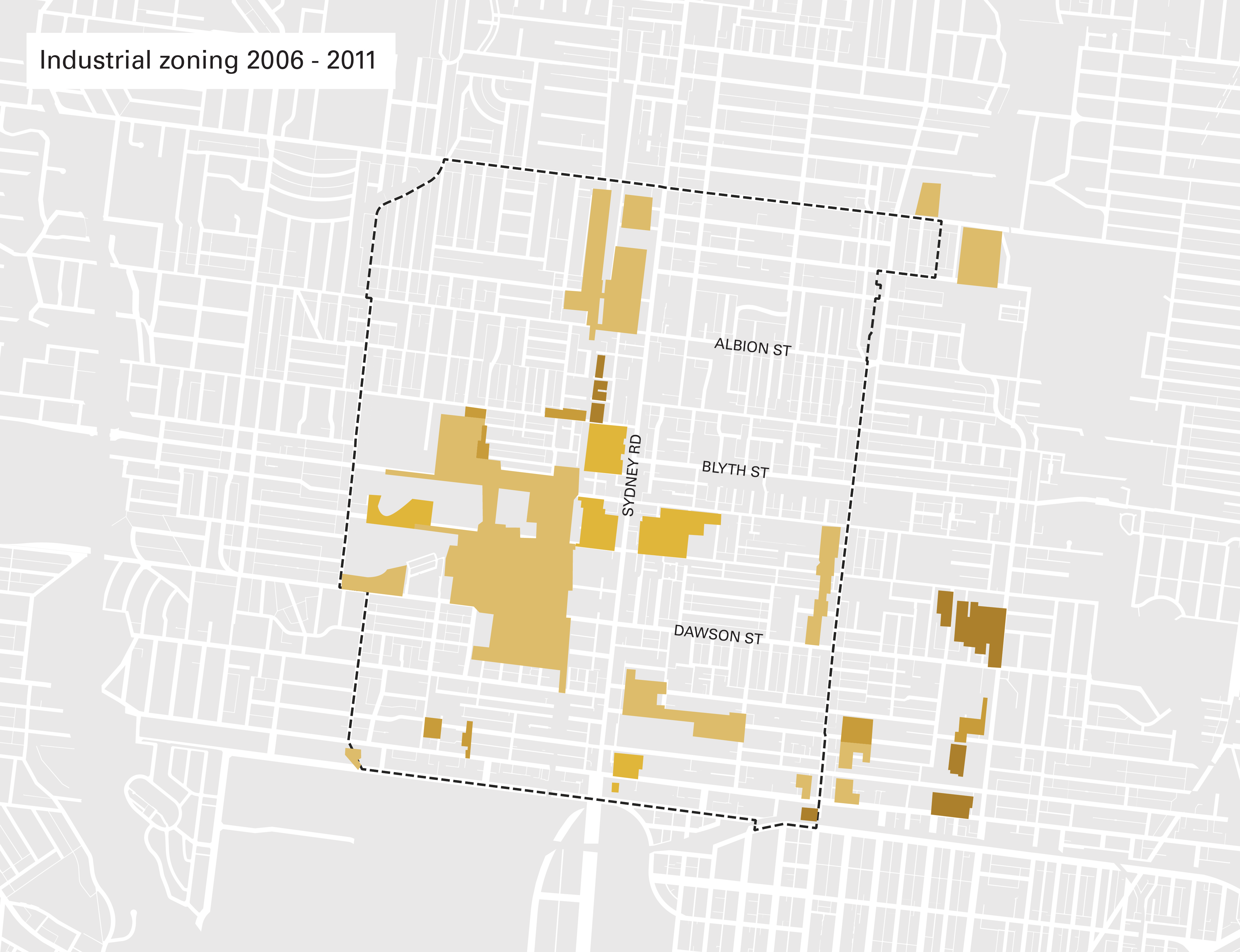 Birds-eye view of a greyscale map of Brunswick with highlighted industrial zoned areas decreasing over time.