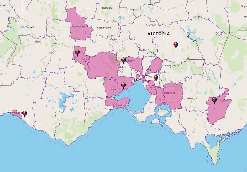 Image of map of Victoria which shows pins where people have marked safe and unsafe spaces.