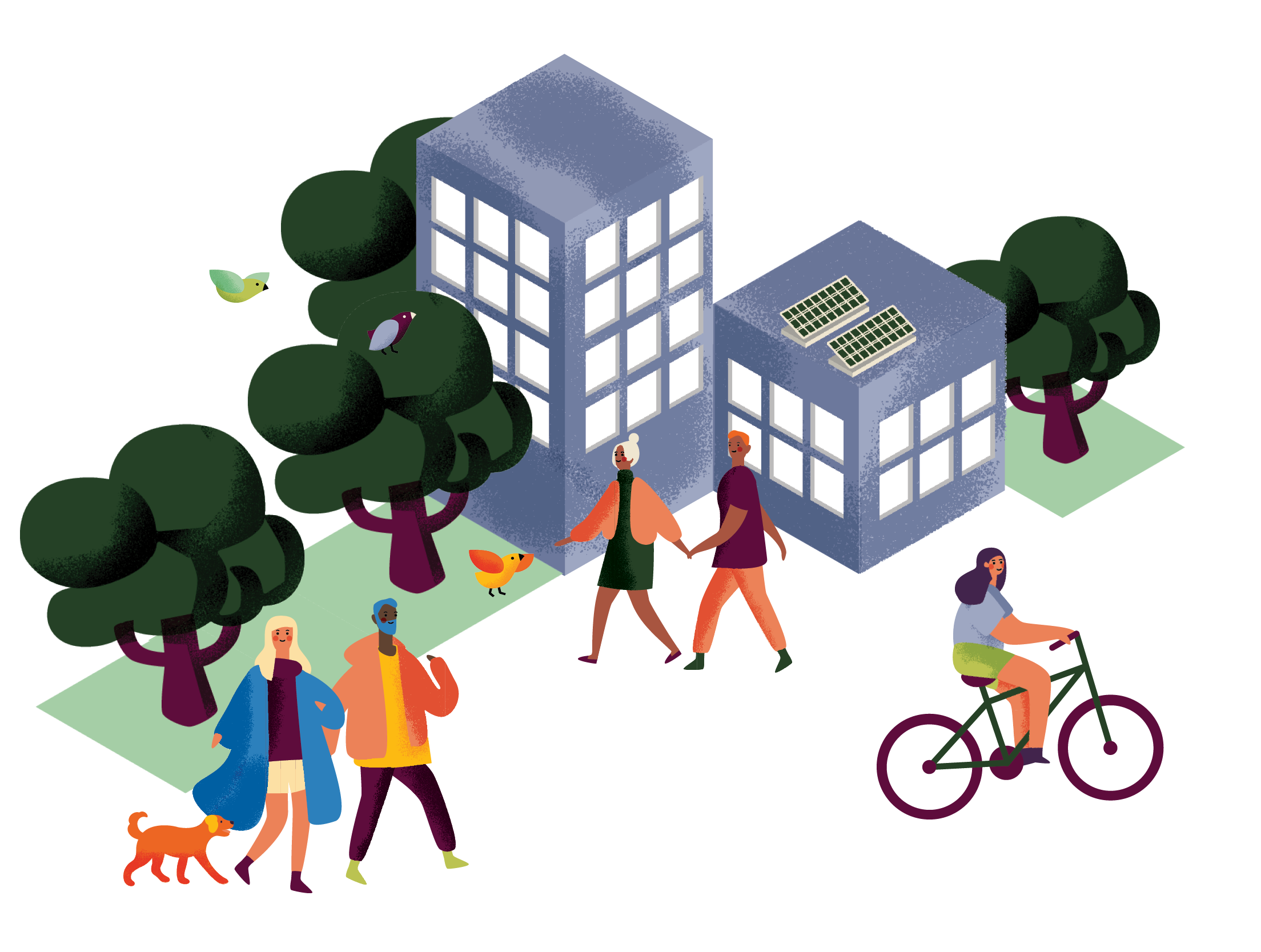 Illustration of people, bikes, trees and sustainable buildings shared through High Life Expo