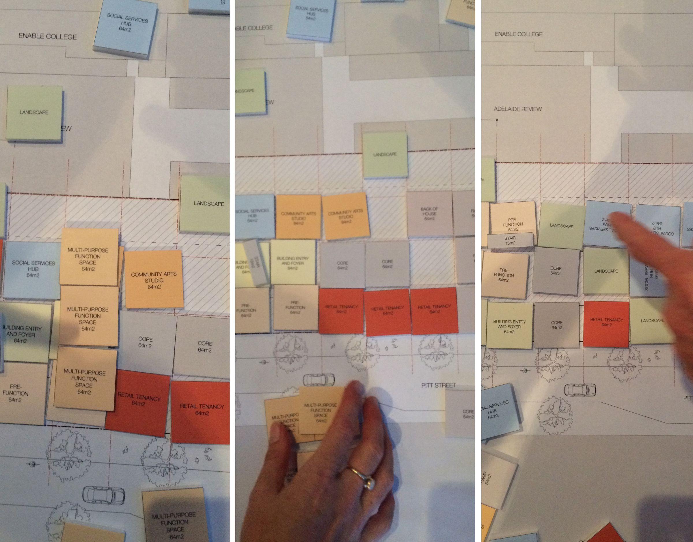 Photos of boardgame used for stakeholder engagement - coloured tiles labelled with room program to be arranged on top of a grid.