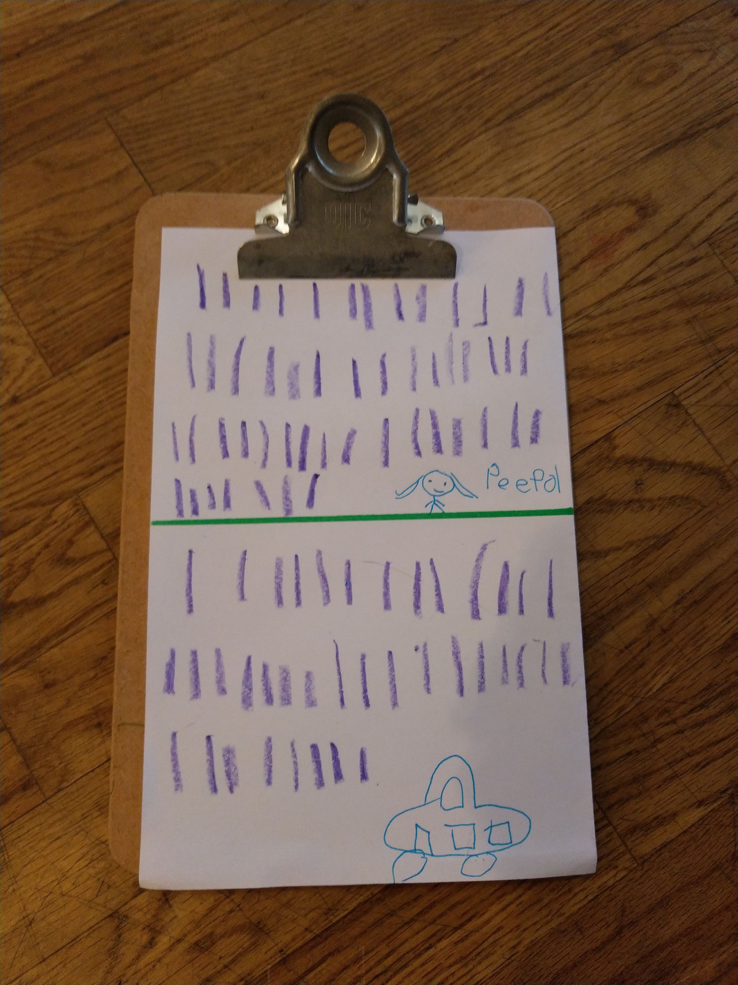 A white piece of paper attached to a clipboard with a child's drawing of a person with PeePol written next to it and a drawing of a car and multiple vertical lines indicating the count of each