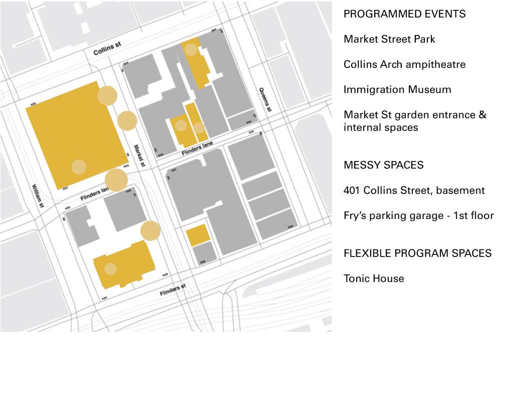 A birds-eye map of a four-block precinct labeled with street names and six buildings highlighted in yellow and nine different sized orange dots
