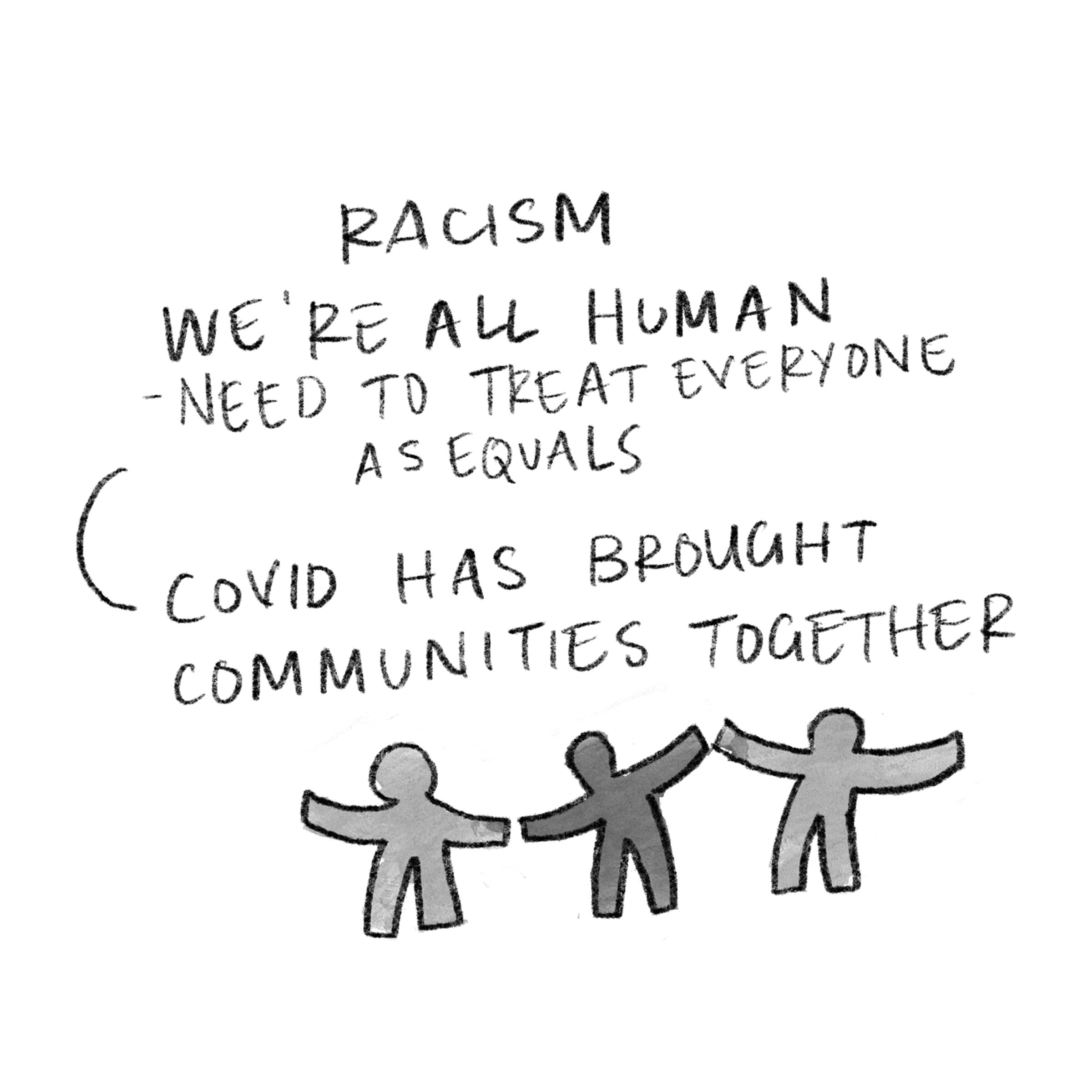 A cartoon of three block figures holding hands with 'racism we're all human - need to treat everyone as equals - covid has bought communities together' hand written alongside