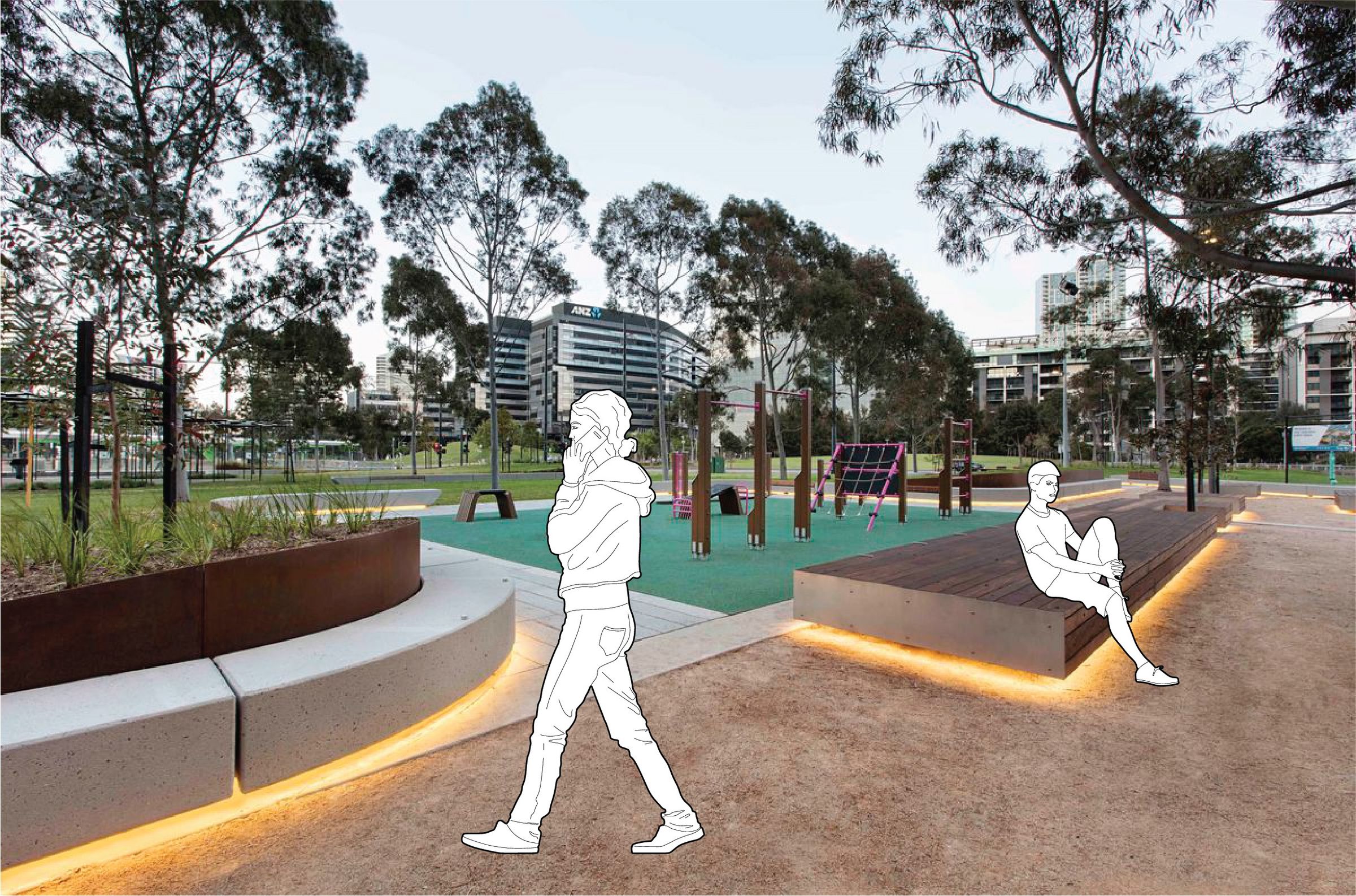 A park with a playground, trees and benches for sitting