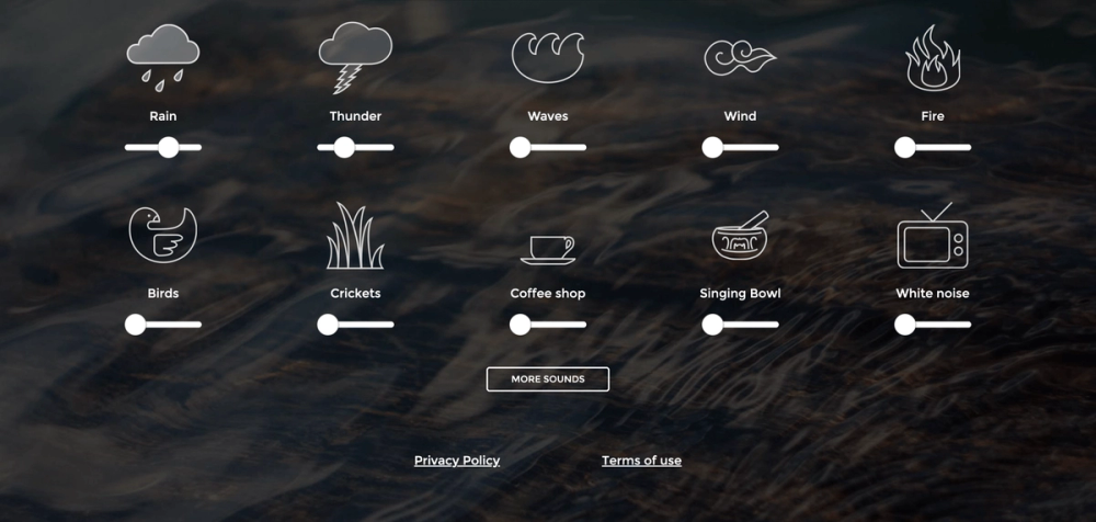 Screenshot of the A Soft Murmur app's main interface, where users can select and mix various ambient sounds, including rain, thunder, waves, wind, fire, birds, crickets, coffee shop ambience, singing bowls, and white noise to create personalized relaxation soundscapes.