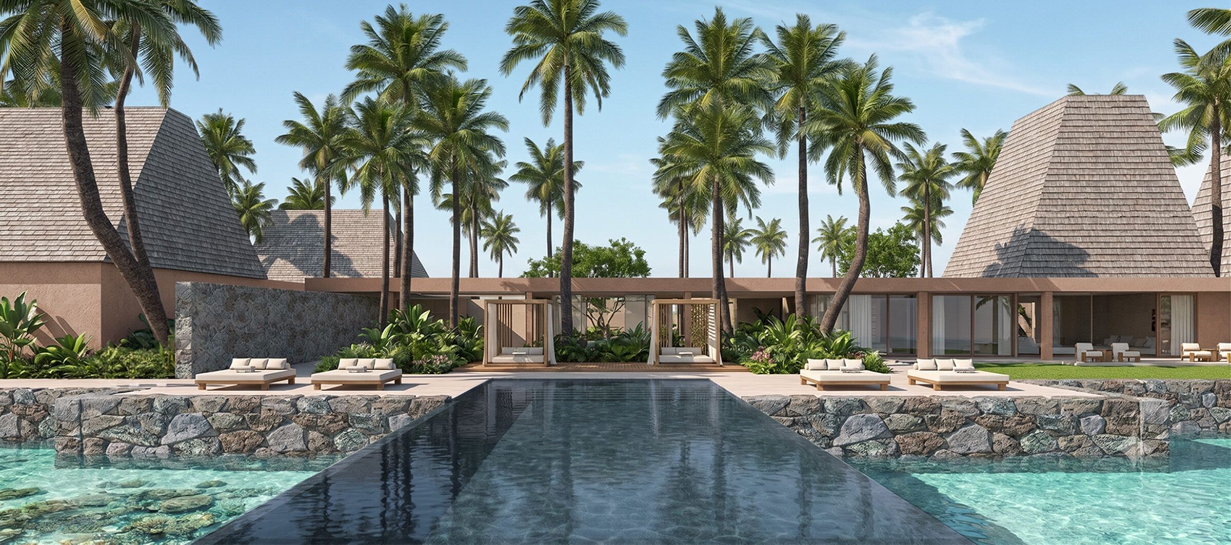The spa swimming pool framed by palms