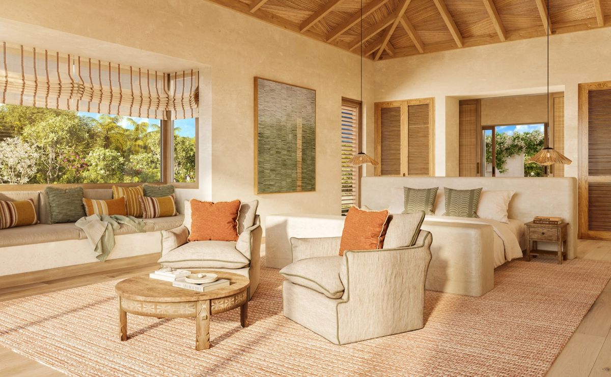 A villa interior opening to the sea