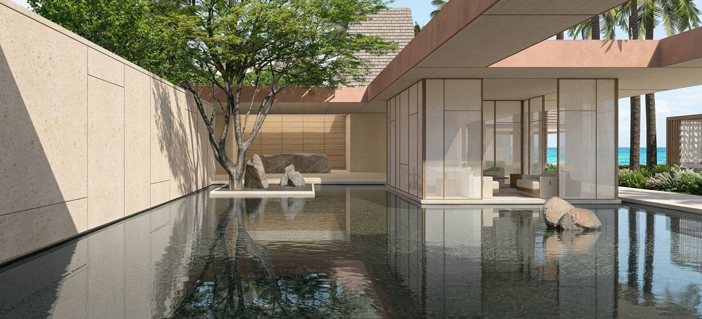 The spa arrival court, a reflecting water garden