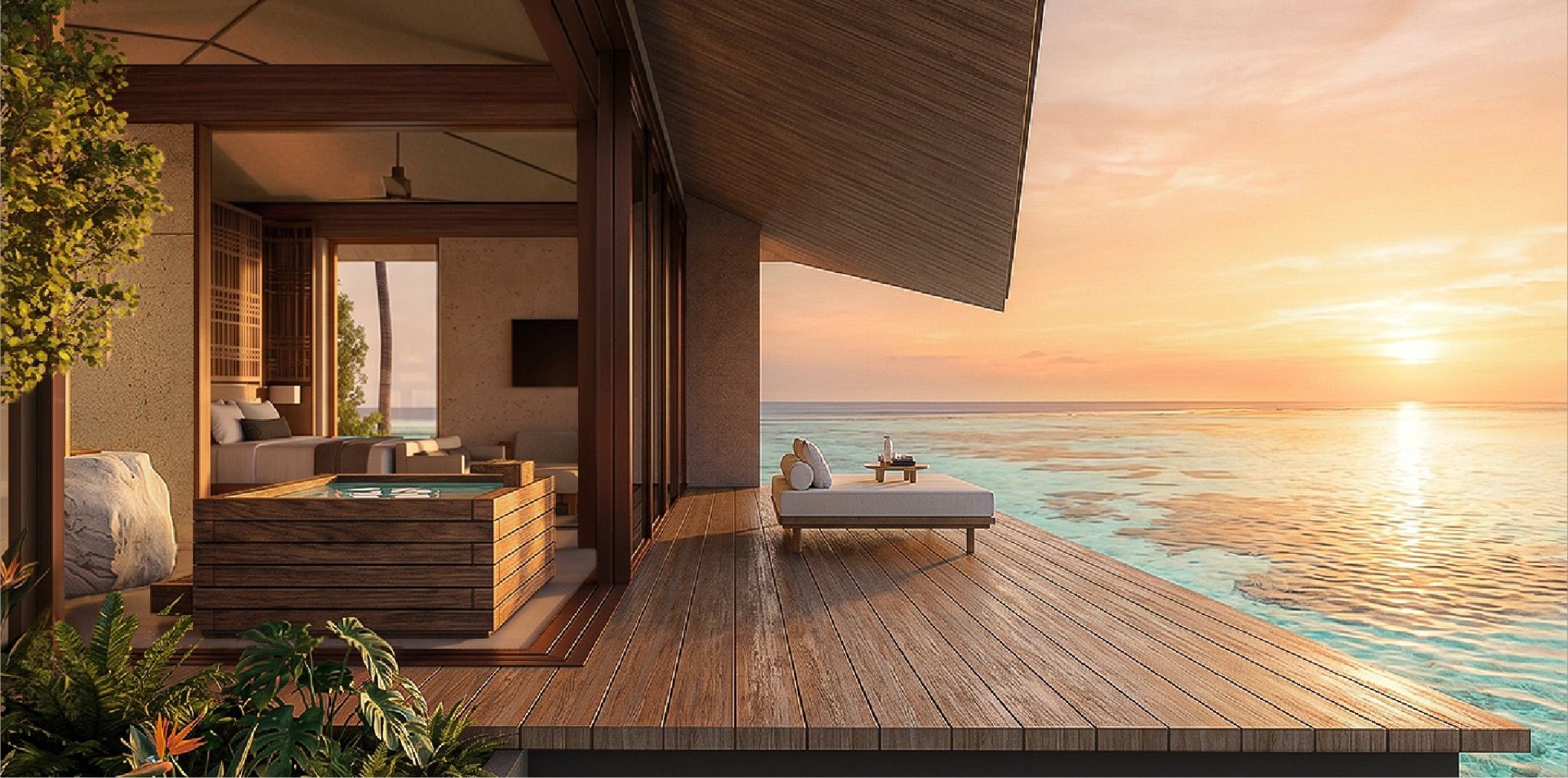 A deck at dusk looking over the reef