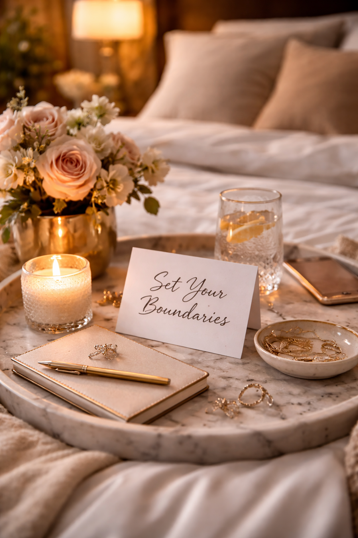 Luksuriøs opsætning med notesbog, smykker og kort med teksten “Set Your Boundaries” som symbol på personlige grænser og bevidste valg i moderne sugardating.
