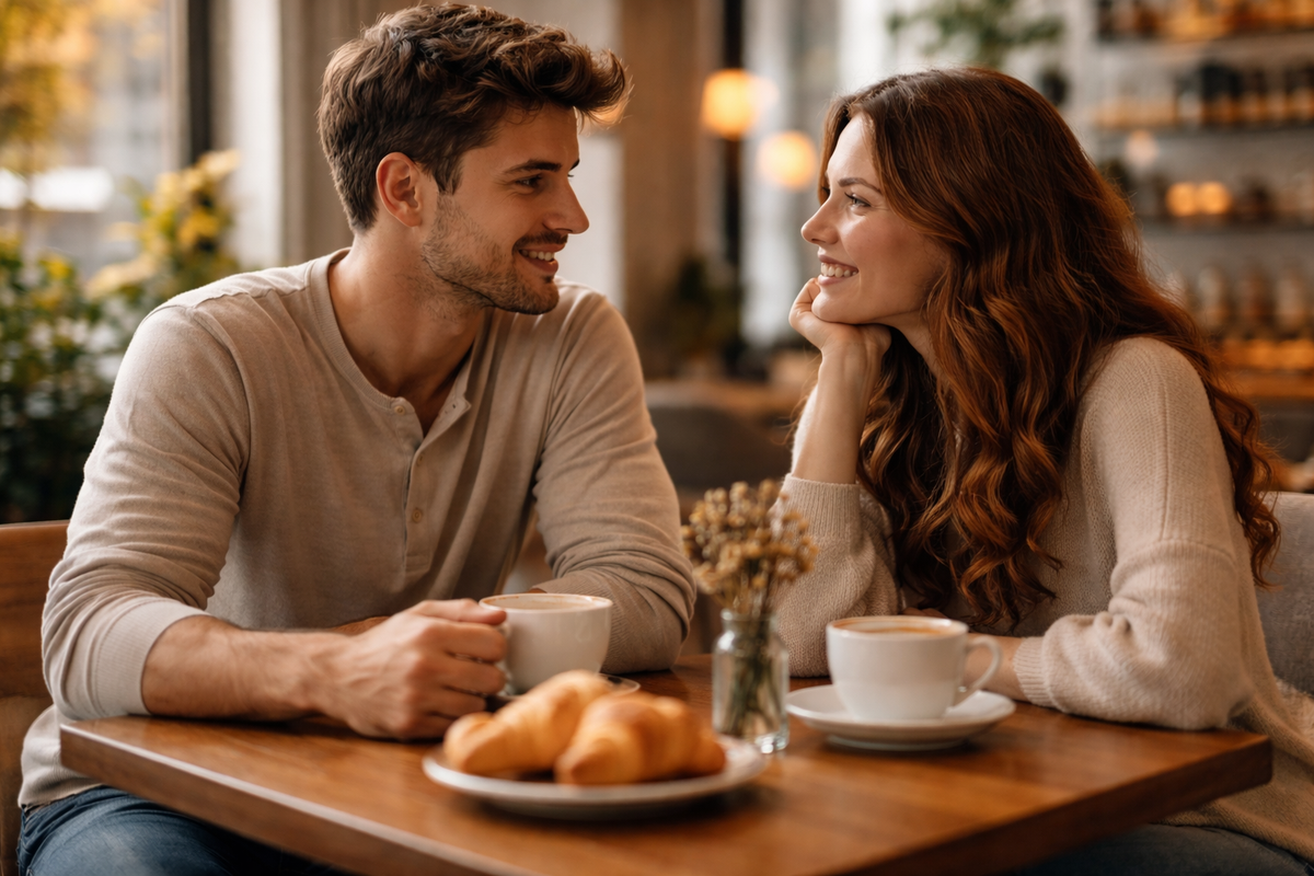 Par der taler åbent på café som symbol på tydelig kommunikation og romantik uden drama i moderne dating.