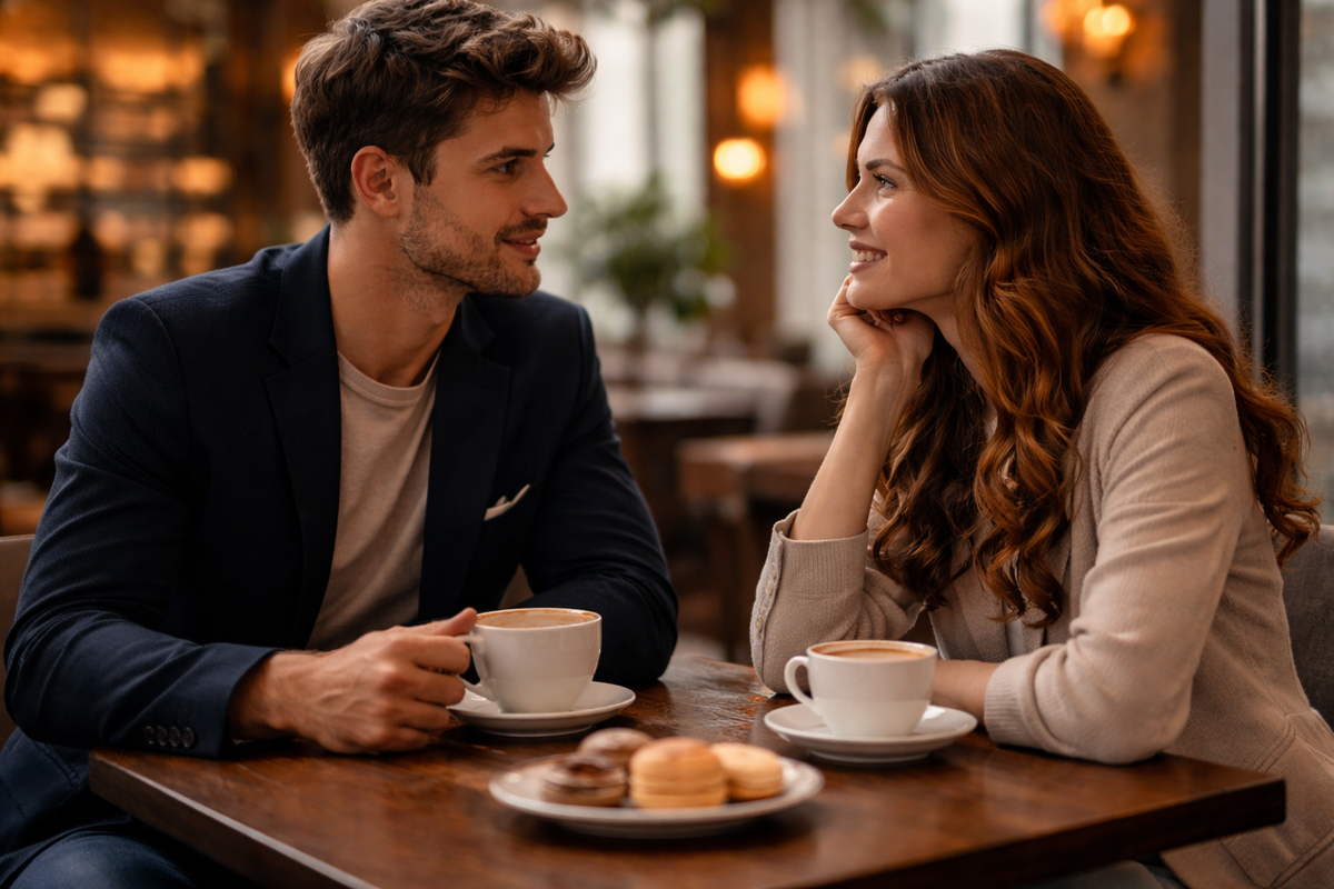 To velklædte personer i samtale på café som symbol på kompatibilitet og det rette match i sugardating og moderne relationer uden bindinger.