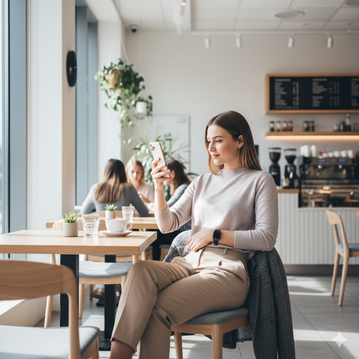 Ung kvinde tryg på café – sikker sugardating på Sugarfar.dk Danmark