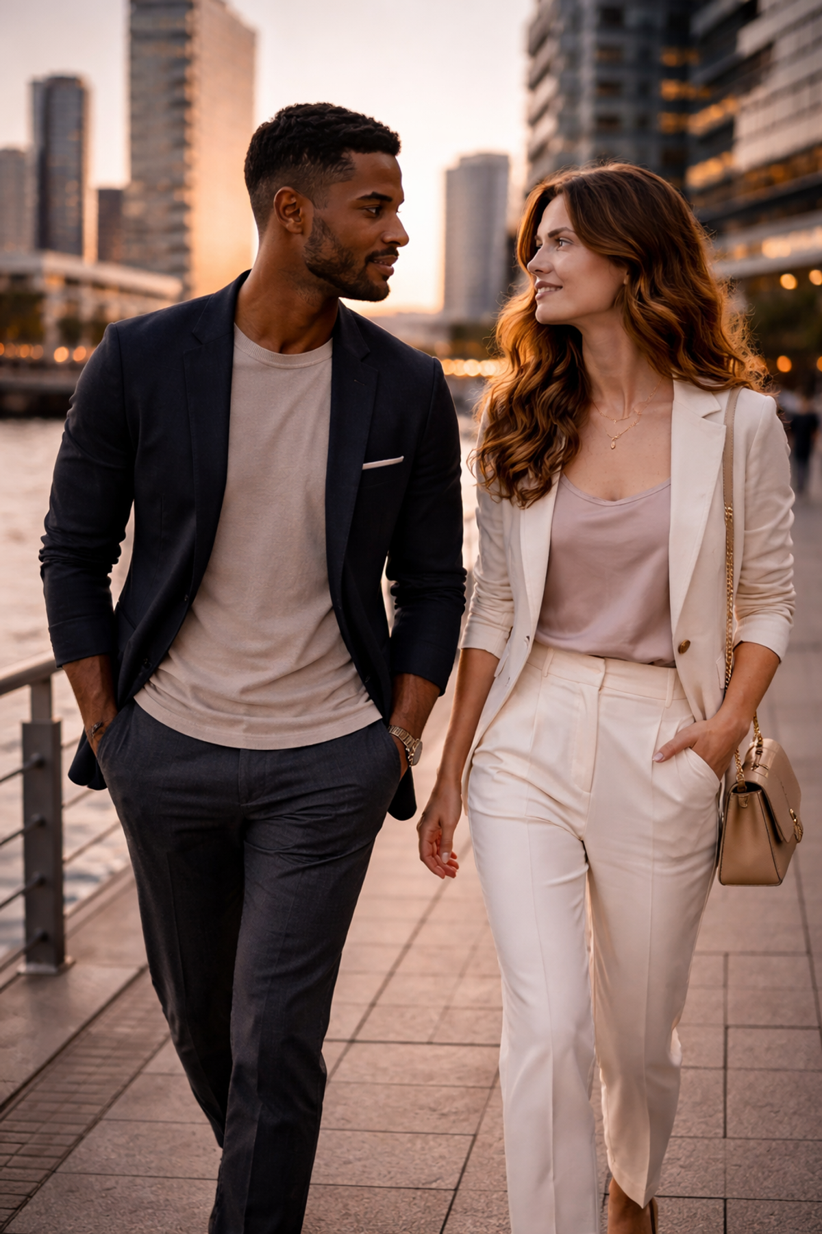 Velklædt mand og kvinde i moderne bymiljø som symbol på sugardating i Danmark og den moderne danske datingkultur.