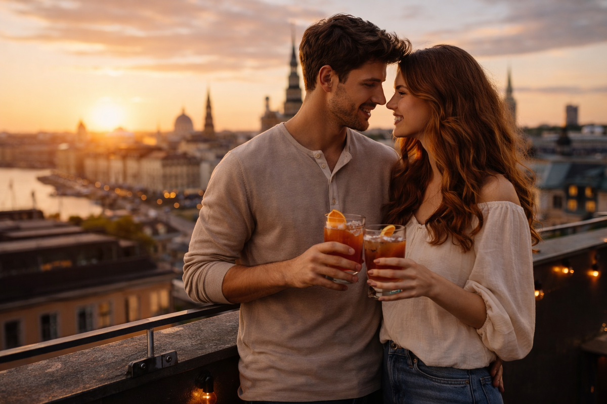 Par på tagterrasse ved solnedgang med cocktails som symbol på eventyr, frihed og moderne romantik uden hverdagens bindinger.