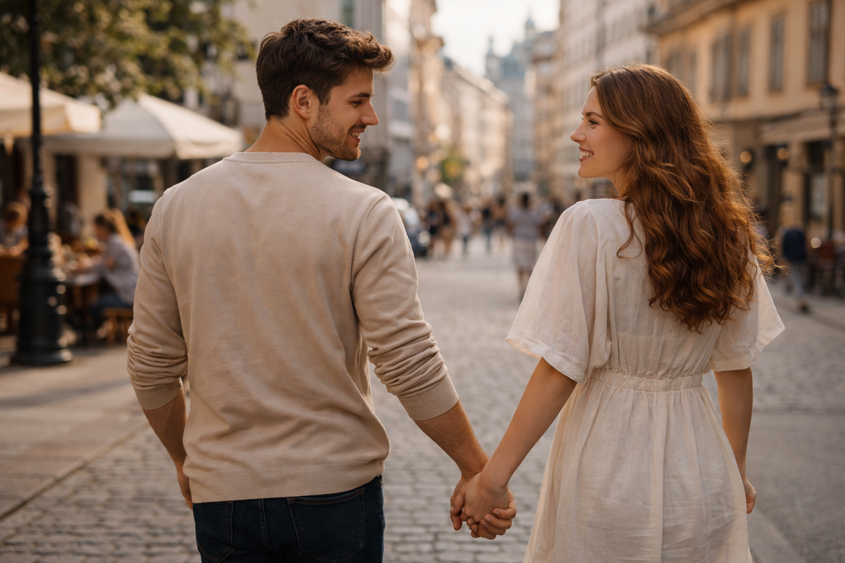 Par der går hånd i hånd i byen som symbol på moderne dating og no strings attached forhold baseret på frihed og gensidig respekt.