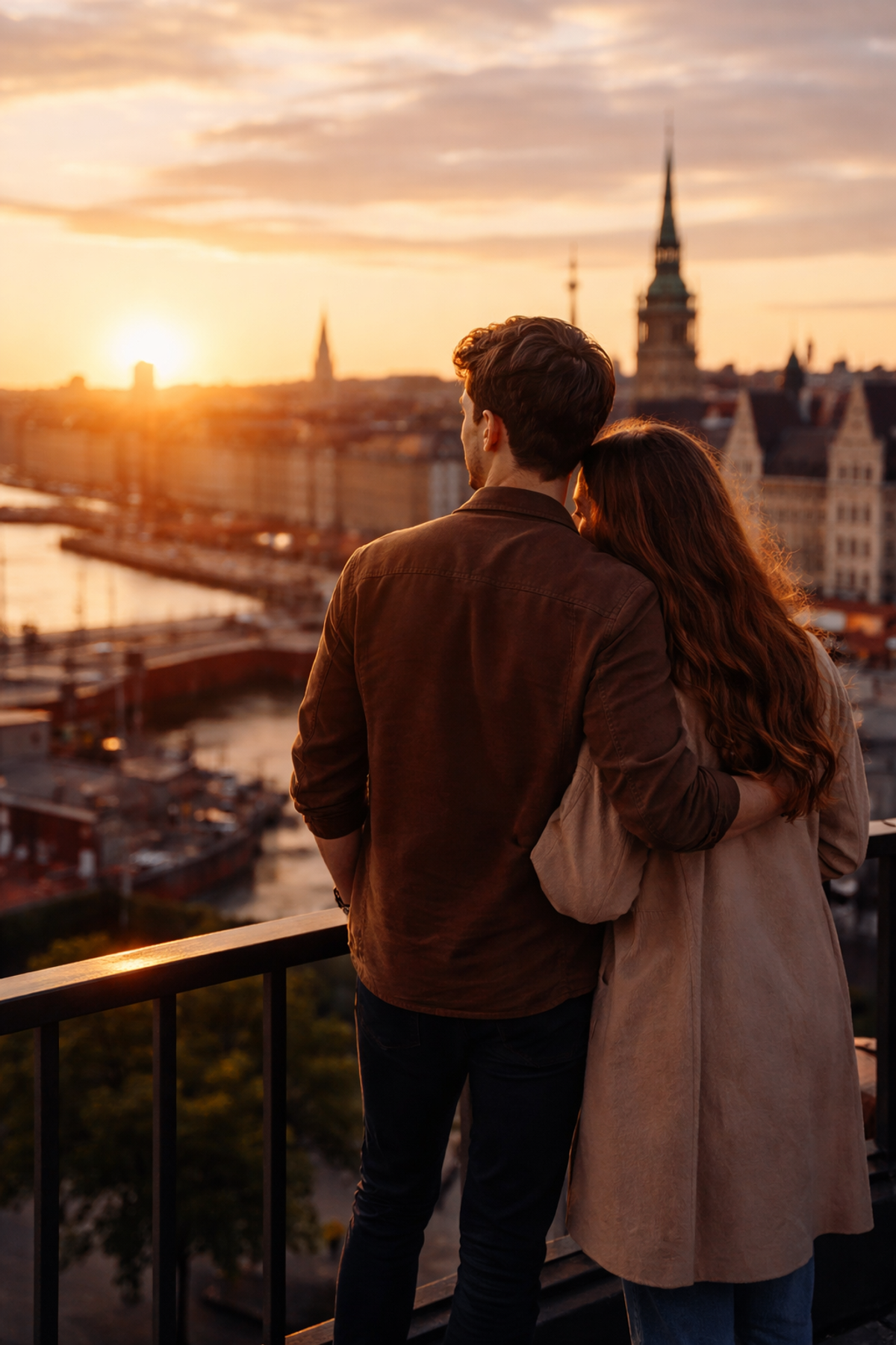 Par der kigger ud over byen i solnedgang som symbol på romantik uden bindinger og moderne dating med frihed.