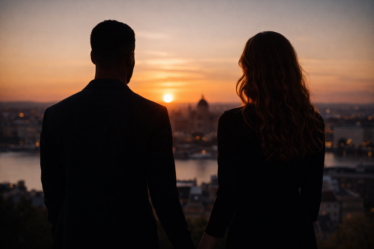 To silhuetter med afstand ved solnedgang som symbol på følelser, bevidsthed og relationer uden bindinger i moderne sugardating.