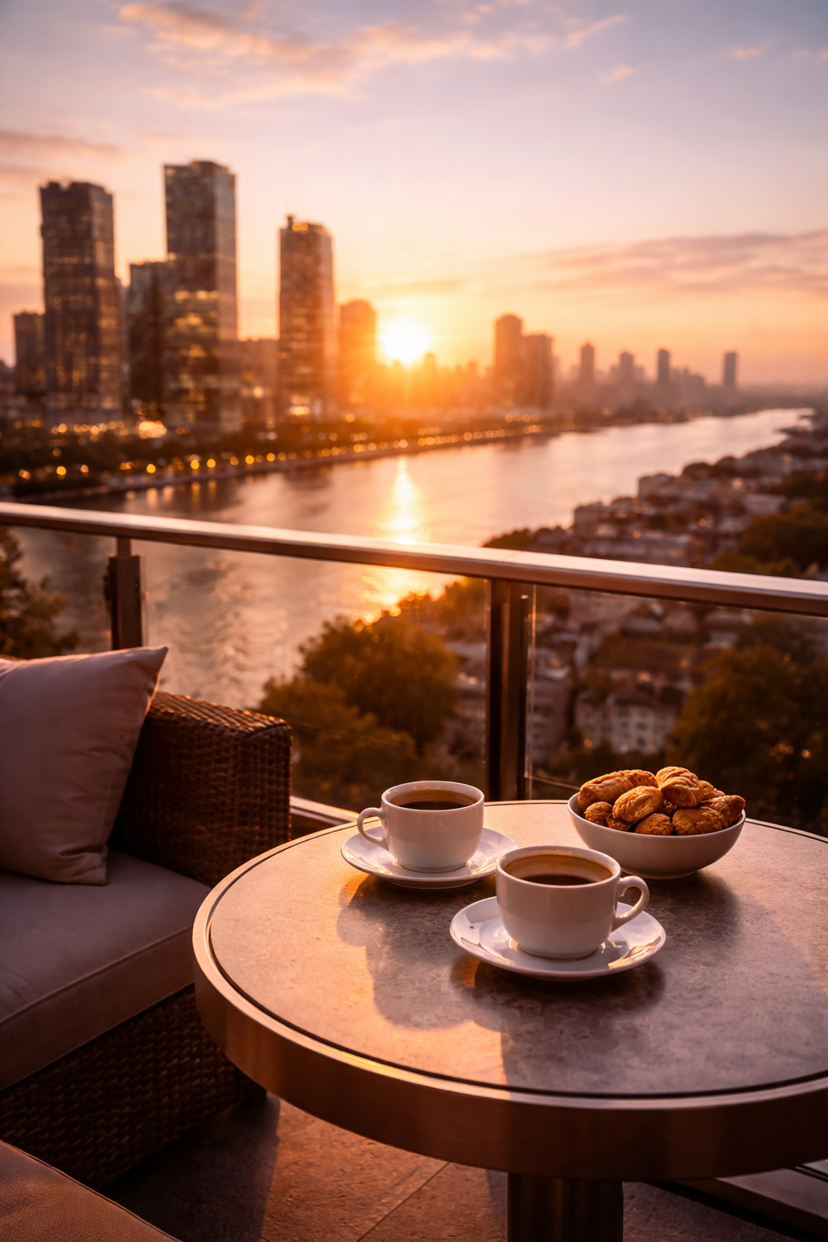 Solopgang over byens skyline som symbol på ny begyndelse, moderne dating og romantik uden bindinger i Danmark.