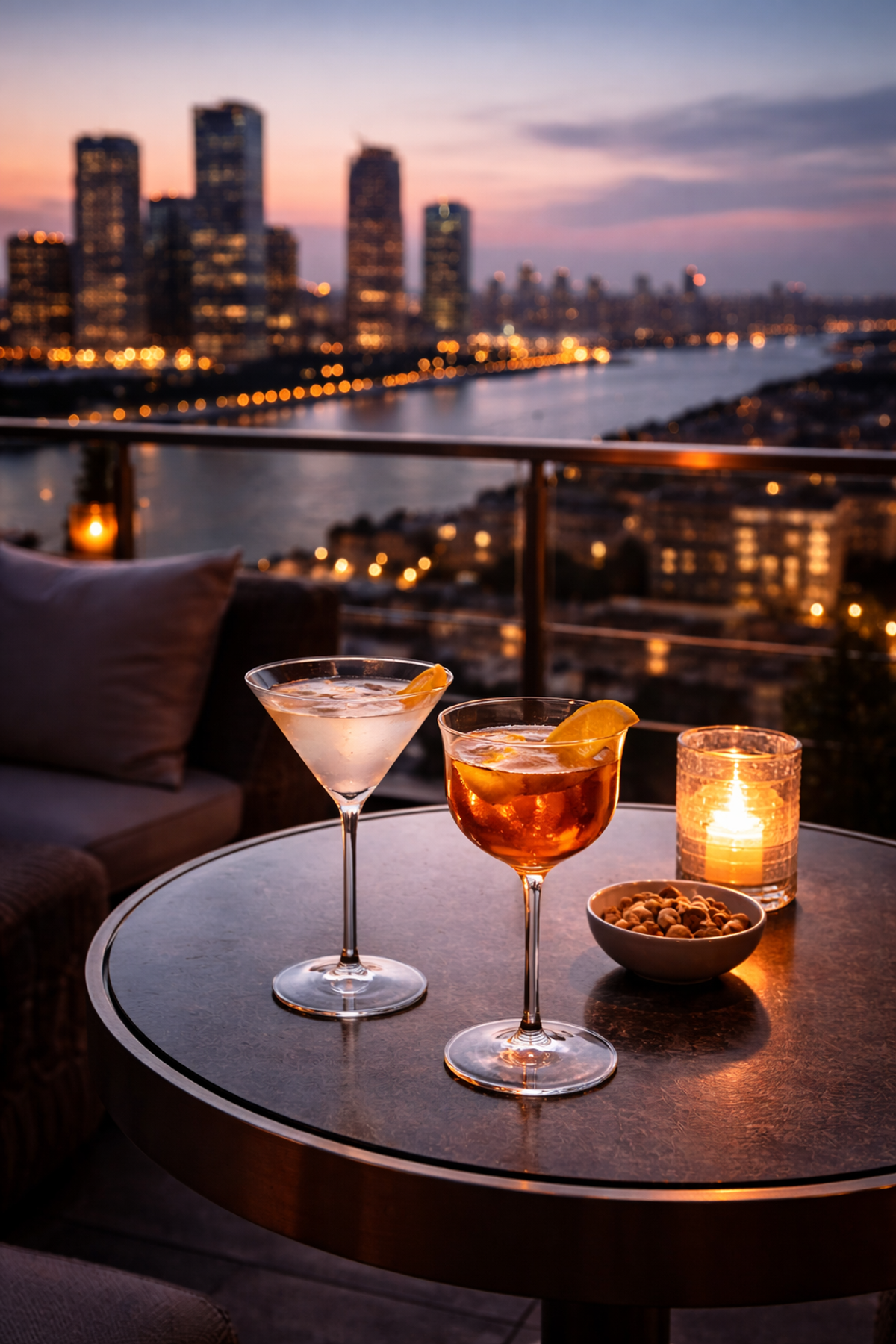 Elegant rooftop-oplevelse med cocktails og byudsigt som symbol på romantik uden bindinger og moderne sugardating i Danmark.