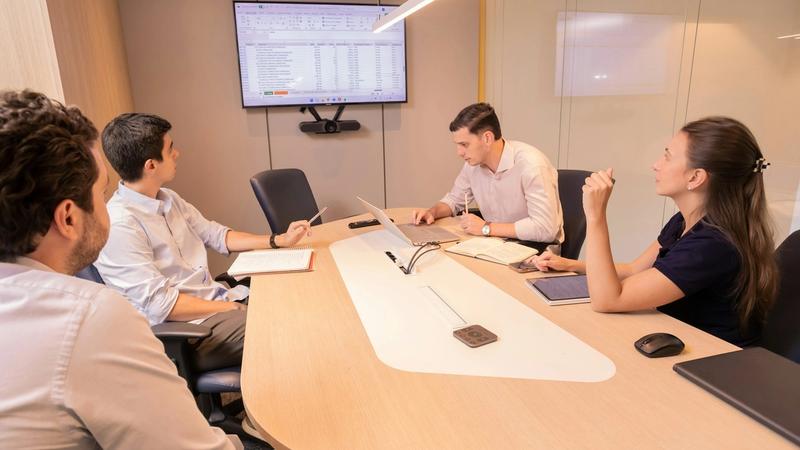 A small business team reviewing documents together around a conference table in a modern office