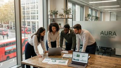 UK SME business owners reviewing sustainability reporting data and carbon footprint metrics