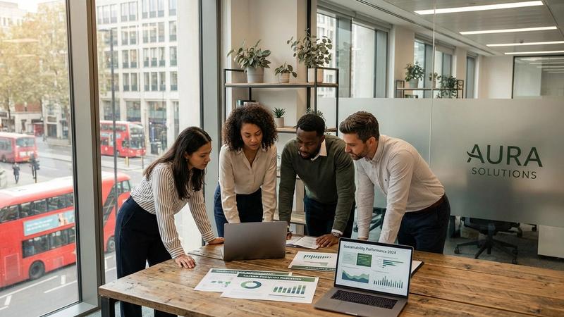 UK SME business owners reviewing sustainability reporting data and carbon footprint metrics
