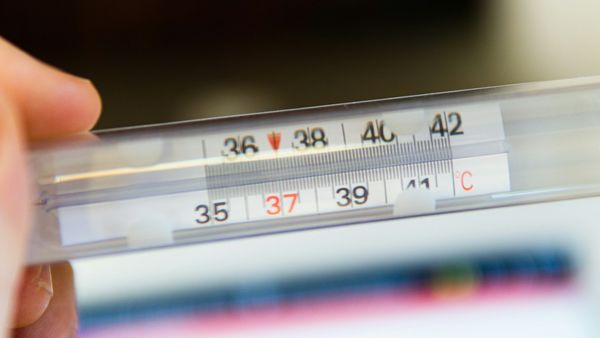 A white thermometer displaying a temperature of 36 degrees Celsius against a bright sky during a UK heatwave