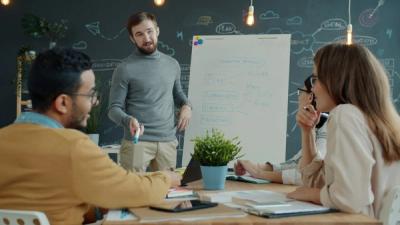 Four colleagues in a meeting room discussing a plan written on a flip chart, with a chalkboard wall behind them