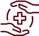 a red icon of two hands holding a cross on a black background