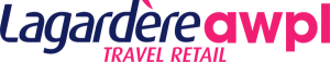 the word lagardere is in blue and pink on a black background