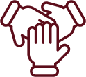 a red icon of two hands shaking each other on a black background