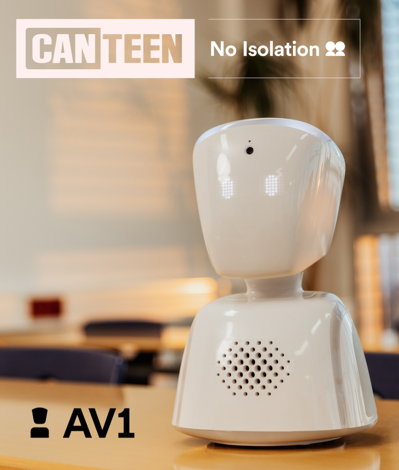 AV1 telepresence robot sitting on a classroom table AV1 telepresence robot sitting on a classroom table