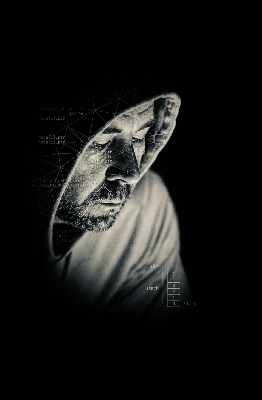 Cinematic monochrome portrait of Vincent Passaro in a dark hoodie. Shadows and white technical schematics symbolize the intersection of leadership and systems.