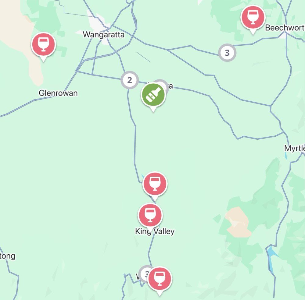 The Jedhi app map of the King Valley, with winery and distillery pins from Glenrowan and Milawa to the King Valley and Beechworth