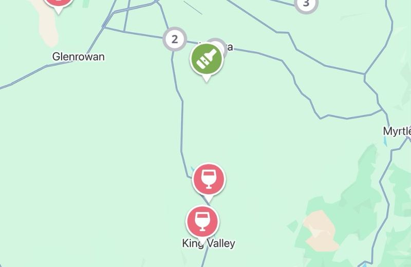 The Jedhi app map of the King Valley, with winery and distillery pins from Glenrowan and Milawa to the King Valley and Beechworth