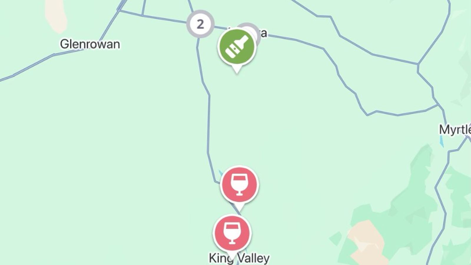 The Jedhi app map of the King Valley, with winery and distillery pins from Glenrowan and Milawa to the King Valley and Beechworth