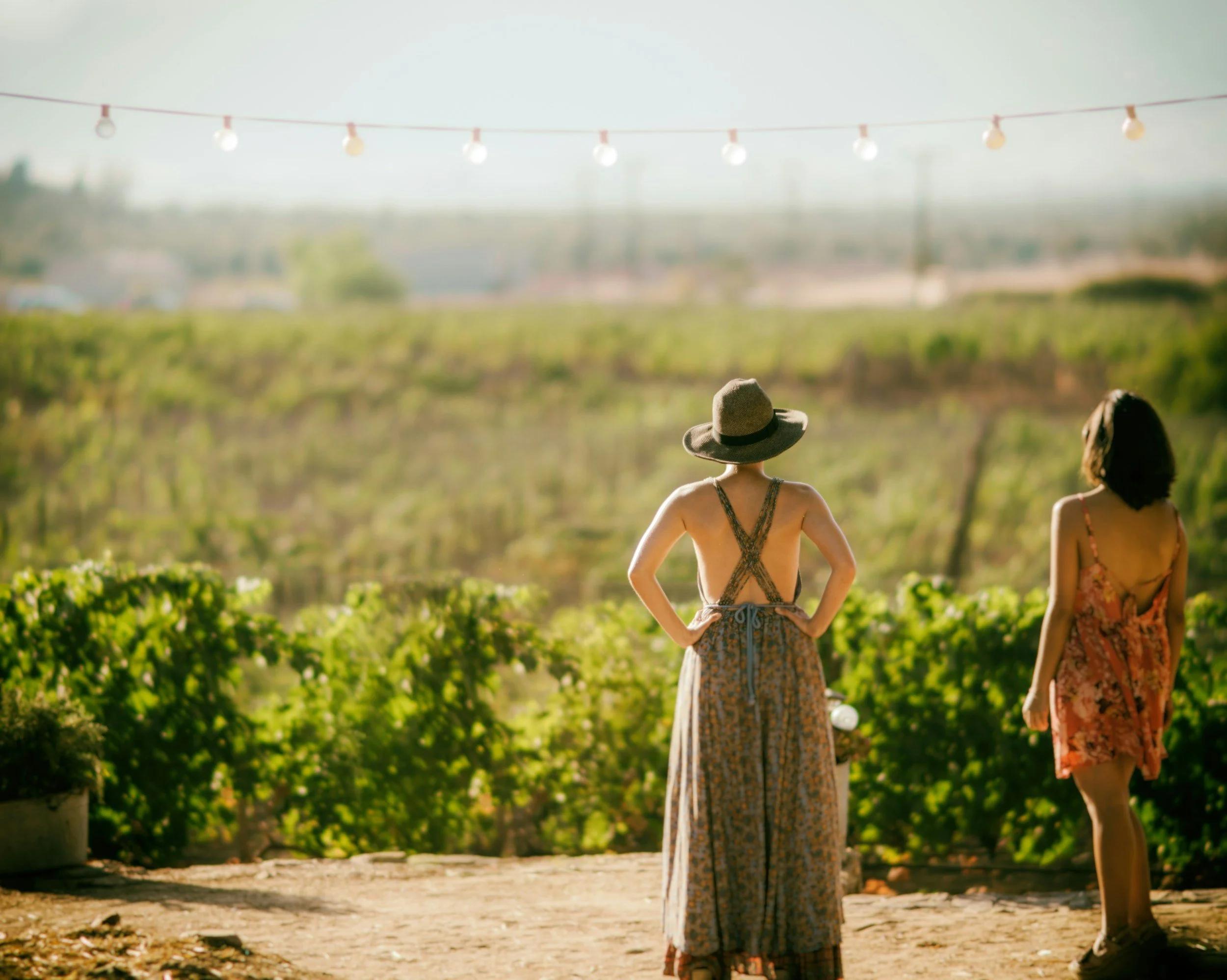 An image of two women looking at lush grapevines whilst enjoying a day at a winery. 