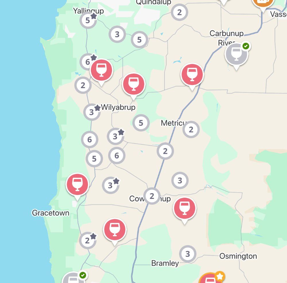 The Jedhi app map of the Margaret River region, with winery, brewery and distillery pins from Yallingup down past Wilyabrup and Cowaramup to Margaret River