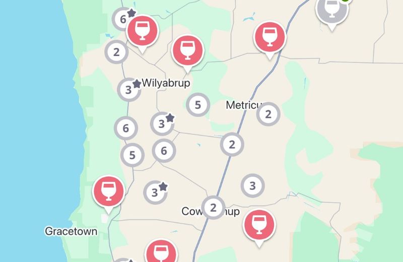 The Jedhi app map of the Margaret River region, with winery, brewery and distillery pins from Yallingup down past Wilyabrup and Cowaramup to Margaret River