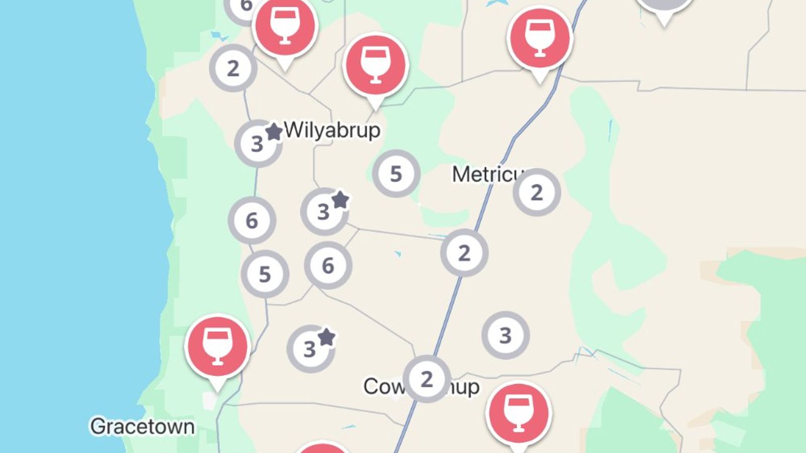 The Jedhi app map of the Margaret River region, with winery, brewery and distillery pins from Yallingup down past Wilyabrup and Cowaramup to Margaret River