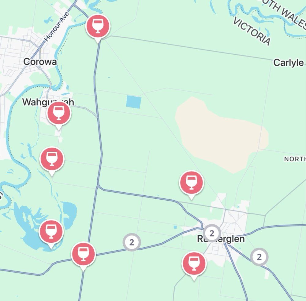 The Jedhi app map of Rutherglen, with winery pins around Rutherglen and Wahgunyah near the Murray