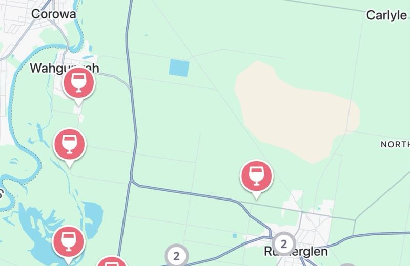 The Jedhi app map of Rutherglen, with winery pins around Rutherglen and Wahgunyah near the Murray