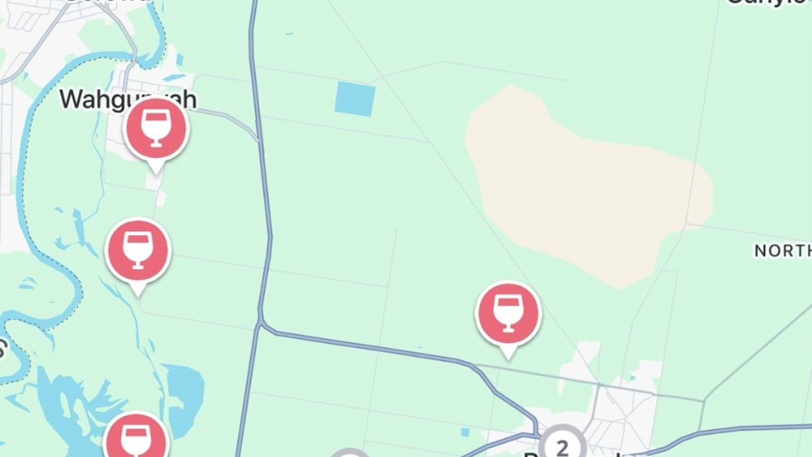 The Jedhi app map of Rutherglen, with winery pins around Rutherglen and Wahgunyah near the Murray