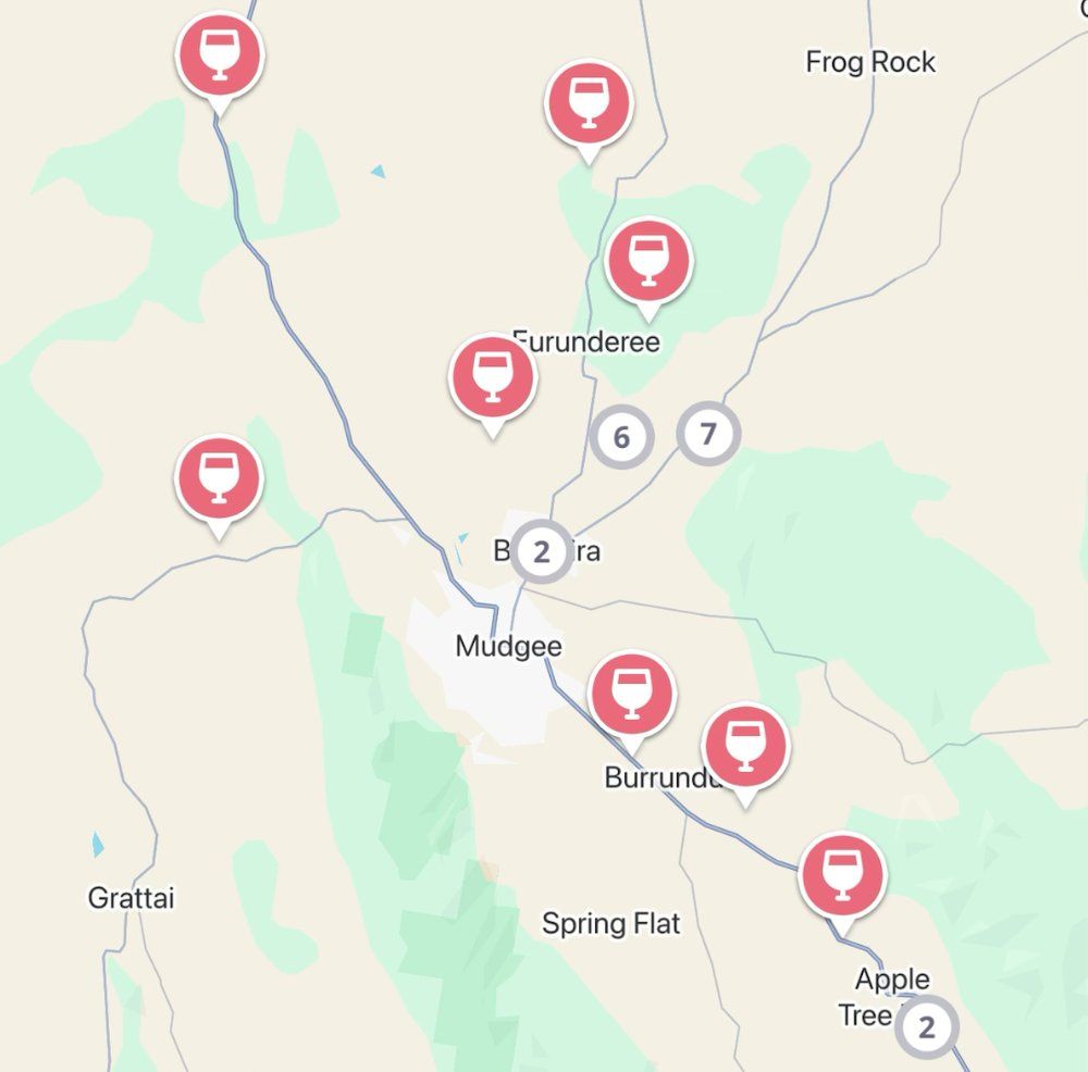 The Jedhi app map of Mudgee, with winery pins around the town, Eurunderee, Burrundulla and Apple Tree Flat