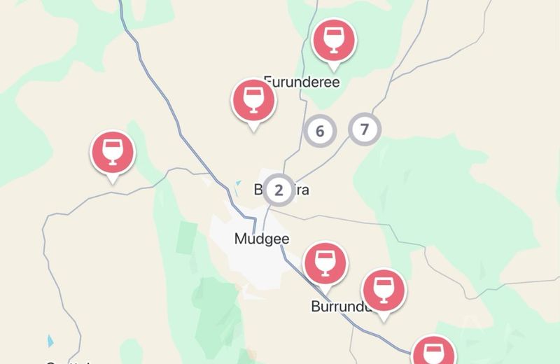 The Jedhi app map of Mudgee, with winery pins around the town, Eurunderee, Burrundulla and Apple Tree Flat