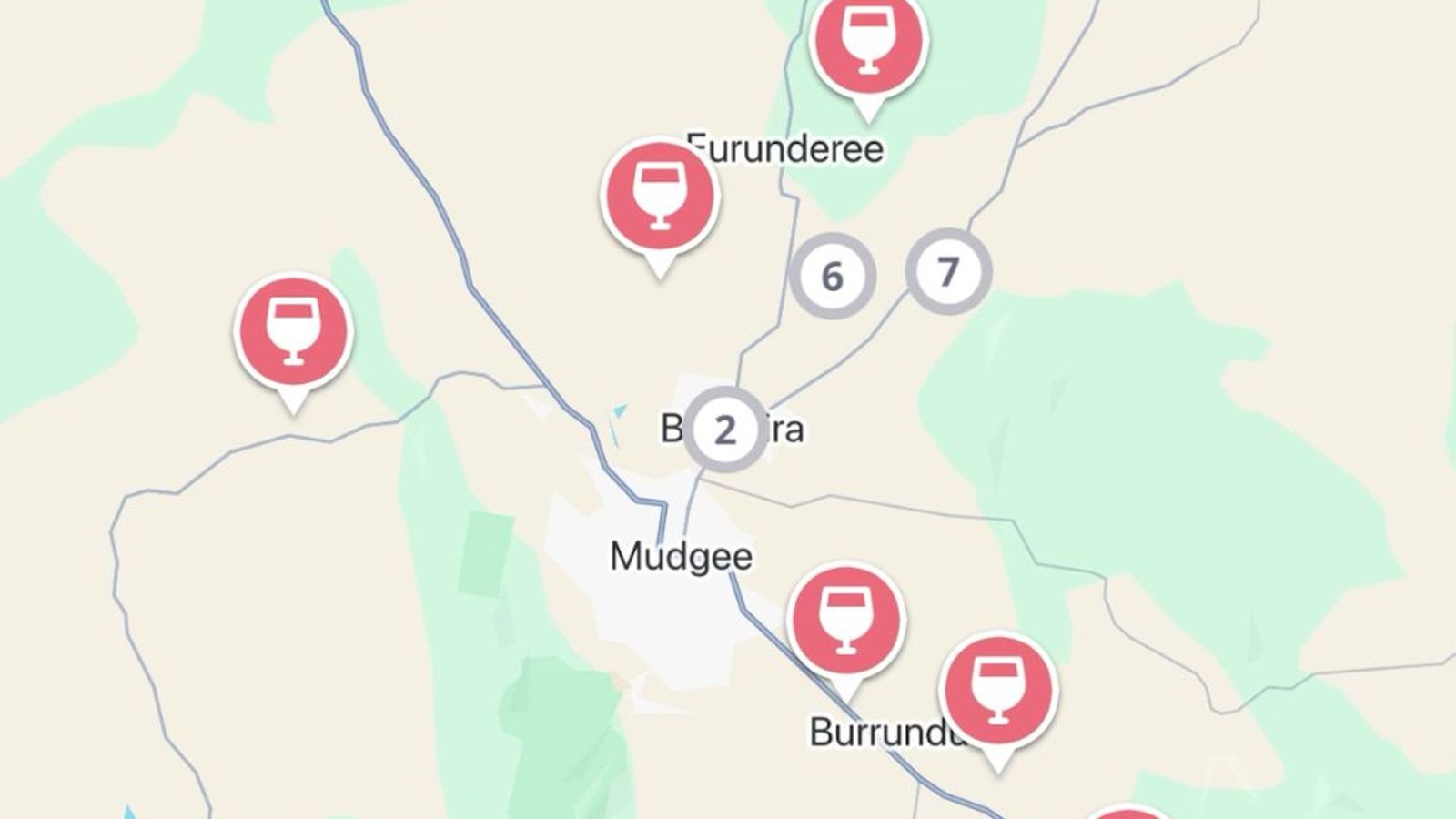 The Jedhi app map of Mudgee, with winery pins around the town, Eurunderee, Burrundulla and Apple Tree Flat