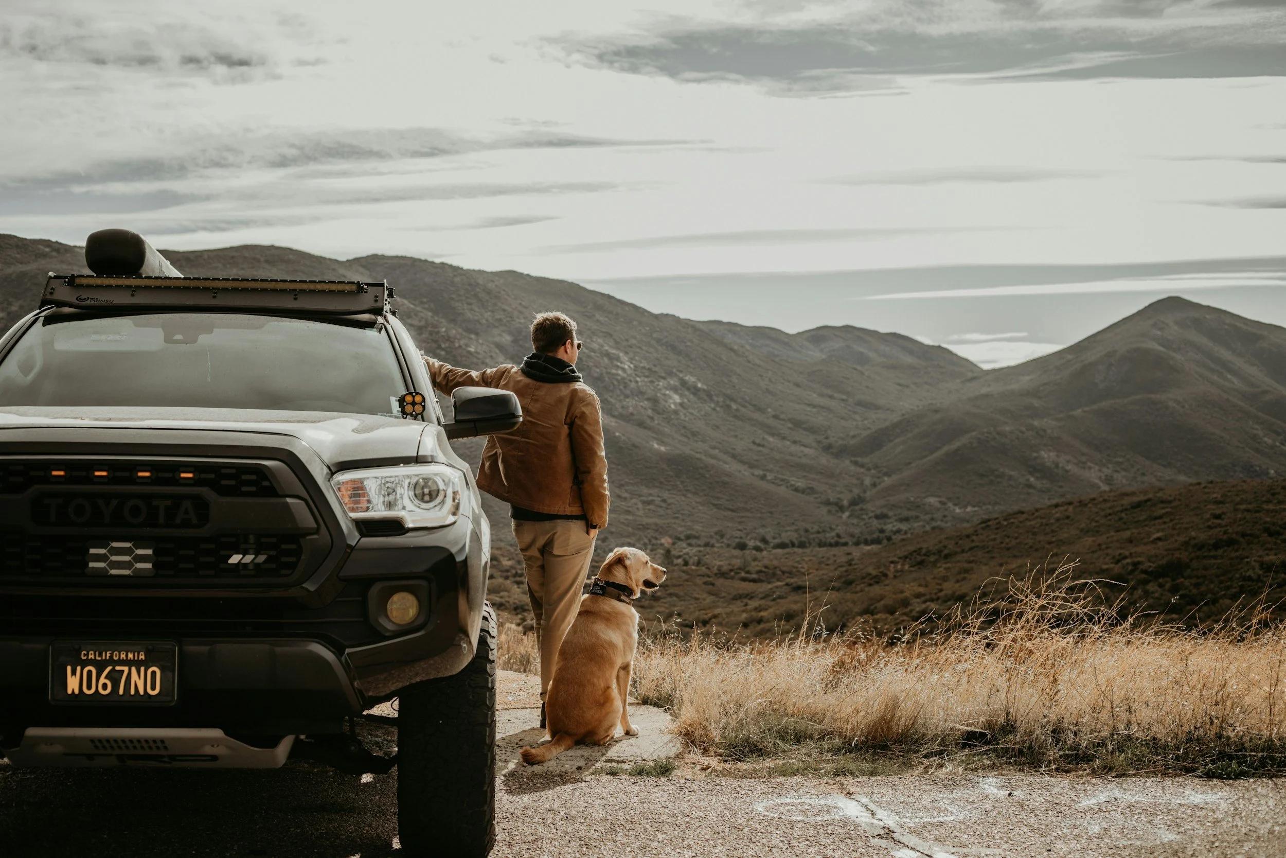 An image of a man and a dog standing next to a ute (4x4) vehicle looking over a mountain range. 