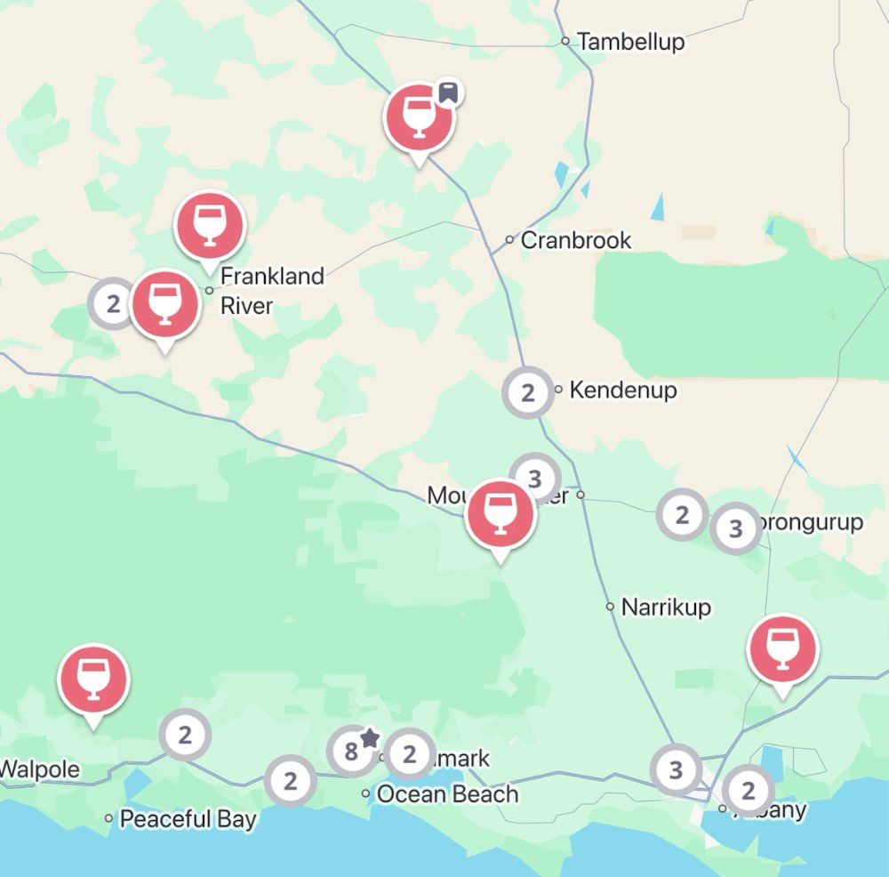 The Jedhi app map of the Great Southern, with winery pins from Frankland River and Walpole to Denmark, Mount Barker, Porongurup and Albany